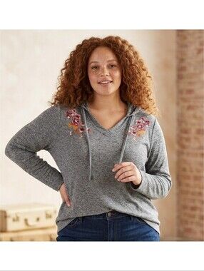 Cj Banks Floral Embroidered Hooded Top Dark Gray Size X (14W)